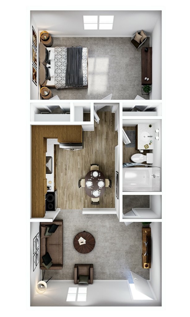 A 3D image of the 1BR/1BA – A3 – Upgrade floorplan, a 460 squarefoot, 1 bed / 1 bath unit