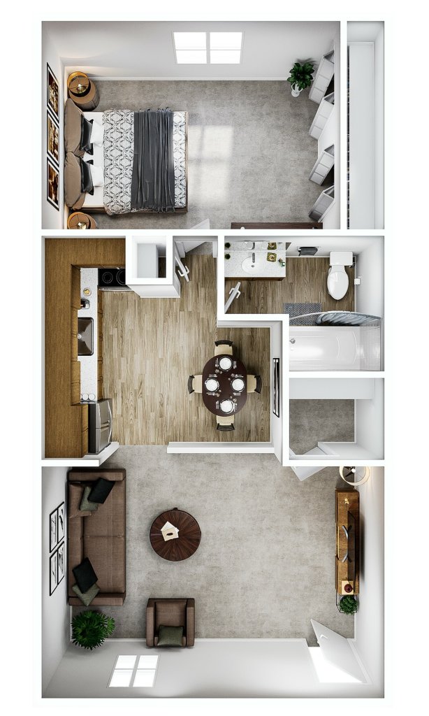 A 3D image of the 1BR/1BA – A1 floorplan, a 600 squarefoot, 1 bed / 1 bath unit