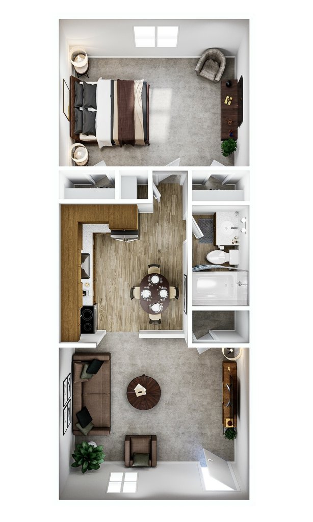 A 3D image of the 1BR/1BA – A2 floorplan, a 500 squarefoot, 1 bed / 1 bath unit