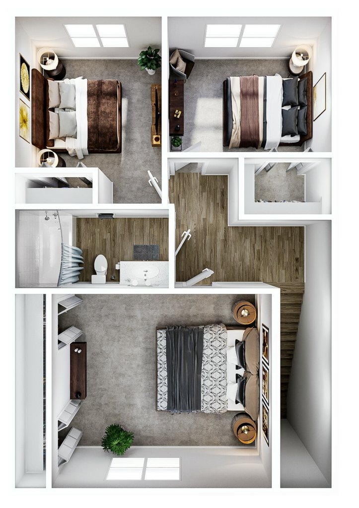 A 3D image of the 3BR/2BA floorplan, a 1100 squarefoot, 3 bed / 3 bath unit